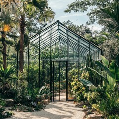 Fototapeta premium Greenhouse with glass walls surrounded by lush green plants and