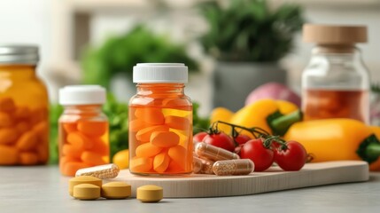 An array of colorful jars bottles and containers filled with various dietary supplements and surrounded by fresh fruits and vegetables on a rustic wooden table