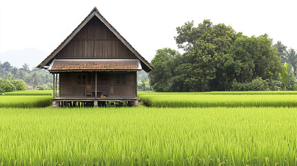 Fototapeta premium charming wooden Thai village house with steep roof in lush green rice fields