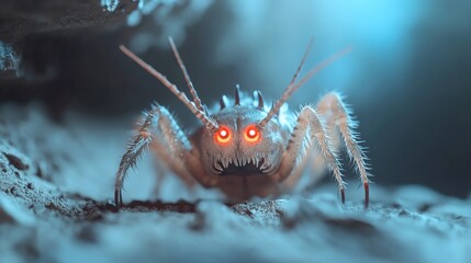 Glowing-eyed spider monster, cave, threat