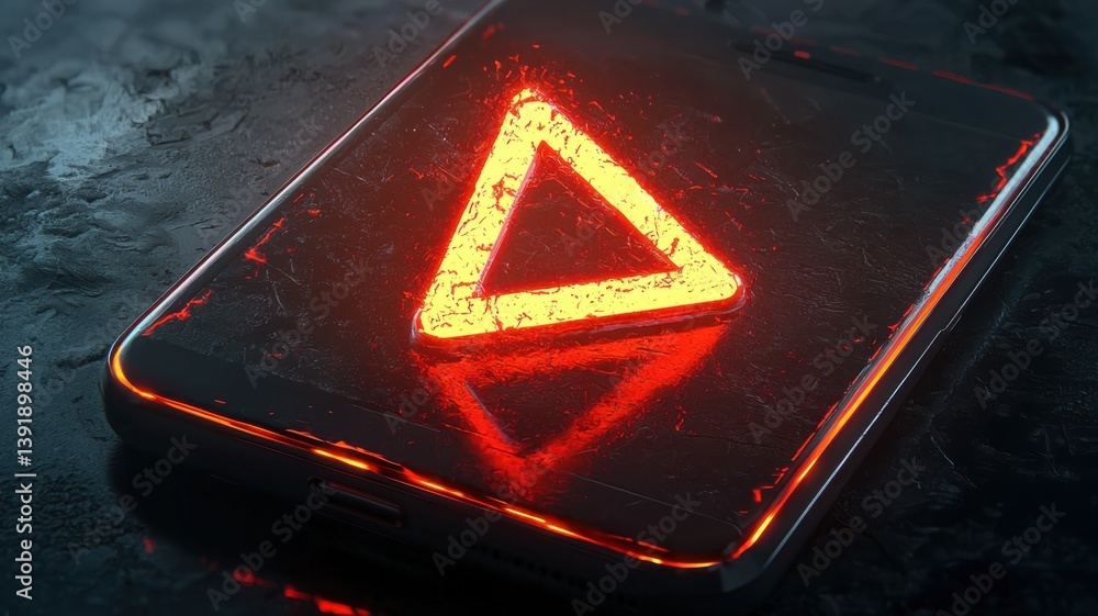 Poster a glowing triangle symbol on a smartphone screen reflects on a textured surface, creating a striking