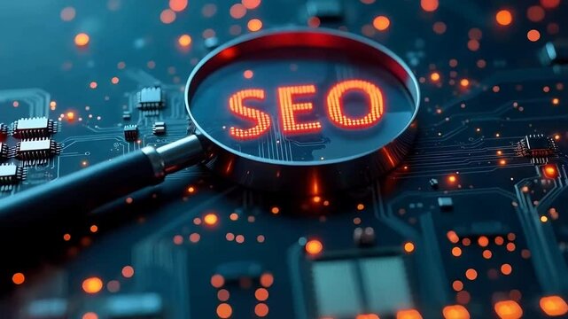 SEO search engine optimization circuit board with glowing nodes.