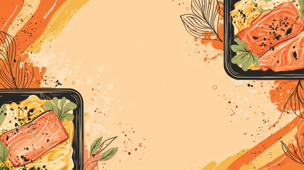 illustration of salmon fillet with pasta on decorative background featuring vibrant orange and yellow tones, leaves, and abstract splashes