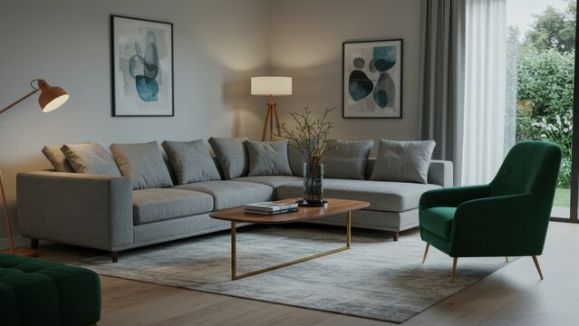 Modern living room interior with grey sofa and green armchair arrangement.