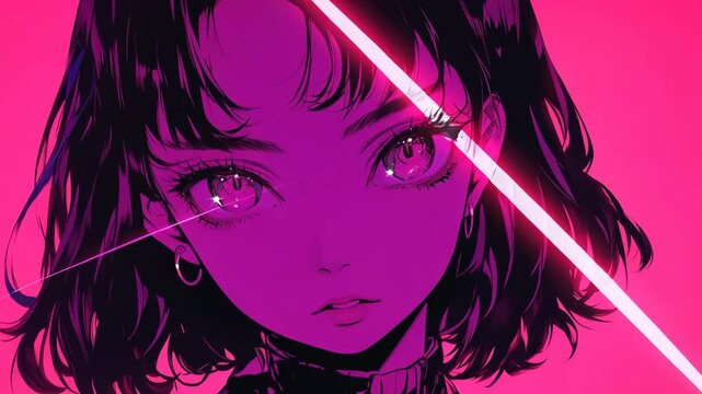 Web banner for anime, manga. Cute anime girl drawn with a marker. Close-up with fear in her eyes. Neon pink light. 