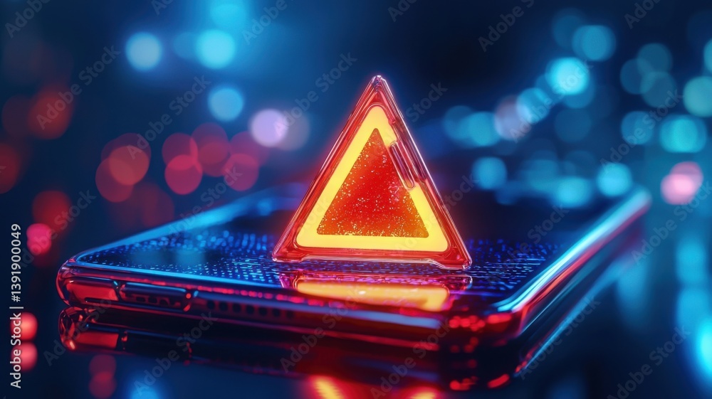 Poster a glowing warning triangle rests on a smartphone, surrounded by colorful lights, suggesting a theme 