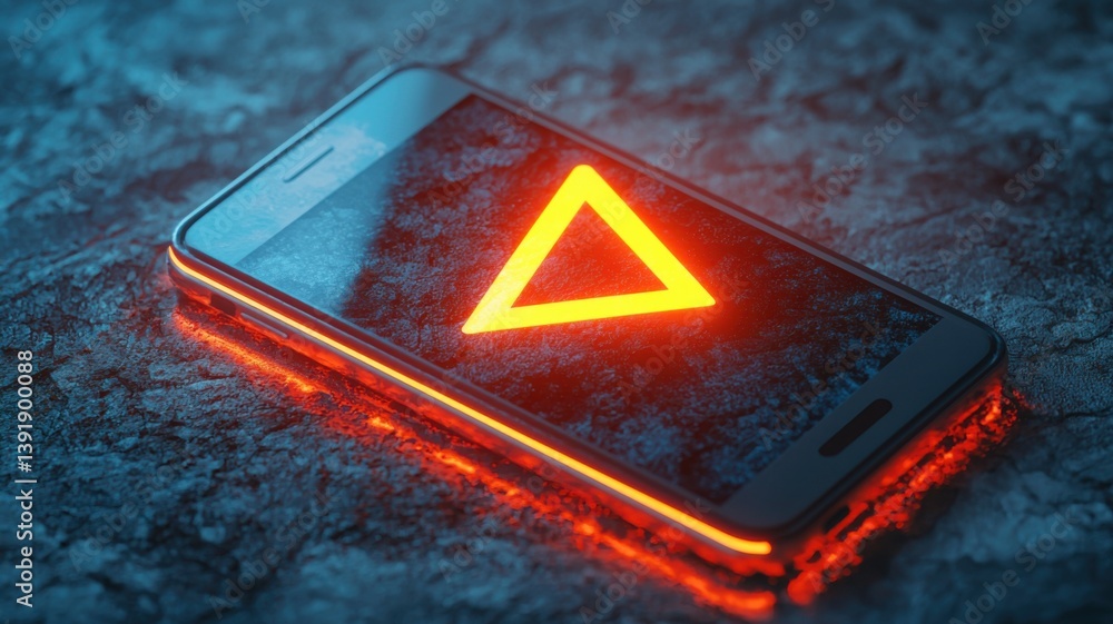 Poster a glowing smartphone displays a red warning triangle on a textured surface, suggesting caution or al
