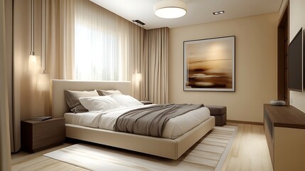 contemporary modern hotel room interior minimalistic double bedroom with large window city view stylish furniture cozy accommodation relaxing stay travel hospitality design