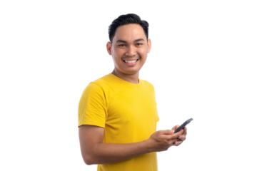 Portrait of happy handsome Asian man using smartphone for trading or chatting, looking at camera and smiling isolated on transparent background