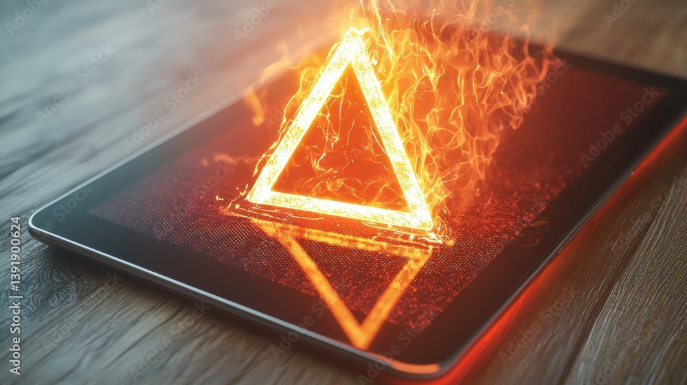 Poster a glowing triangle appears on a tablet screen, surrounded by swirling flames, creating a striking vi