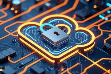 A glowing cloud icon with a lock symbol at its center hovers above a futuristic circuit board, representing the concept of secure cloud computing and data protection.