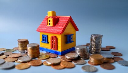 A small, colorful toy house&mdash;crafted with childlike charm and made of plastic or painted wood&mdash;sits firmly on a smooth surface, symbolizing the idea of home and savings.