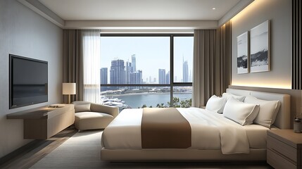 interior of modern hotel double bedroom minimalistic style with window city view contemporary furniture cozy accommodation relaxing stay luxury hospitality travel suite design