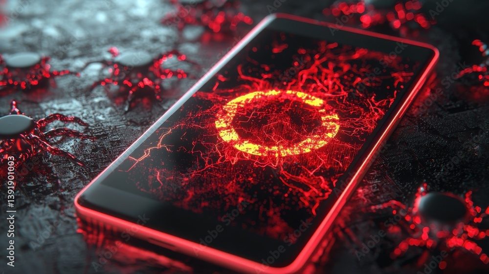 Poster a smartphone displaying a vibrant red and black abstract design, surrounded by small, dark objects, 