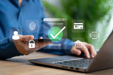 Two-step online authentication concept, Women use a laptop login to the security system and Verify...