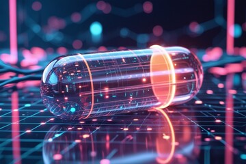 A glowing, high-tech medicine capsule floats on a digital network grid, symbolizing the convergence of healthcare and advanced technology.