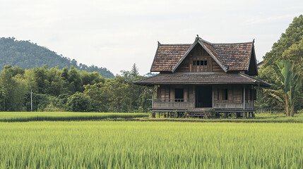 Obraz premium charming wooden Thai village house with steep roof in lush green field