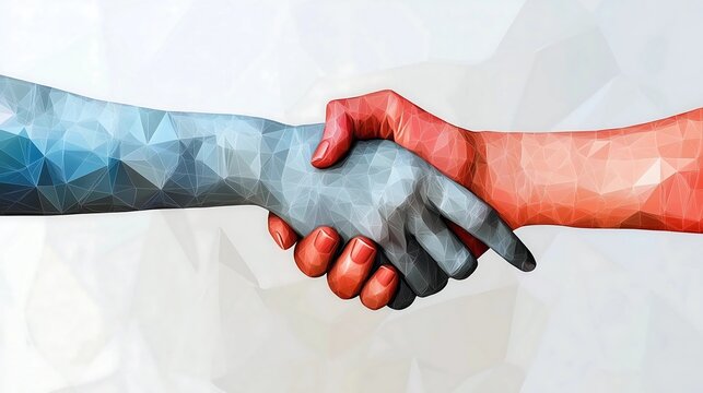 Conceptual illustration of business cooperation, handshake to reach agreement, dotted line connection low polygon handshake background