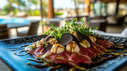 Luxurious steak carpaccio plated with black truffle shavings microgreens and a drizzle of aged balsamic reduction