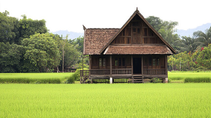 Obraz premium charming wooden Thai village house with steep roof in lush green fields
