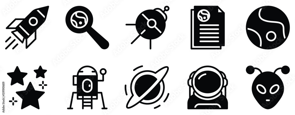 Poster galaxy explorer icon set solid style collection representing space exploration and cosmic discovery 