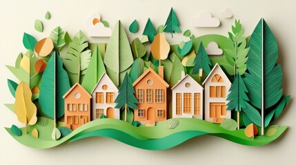Fototapeta premium Whimsical paper cut landscape scene with a cozy village nestled in the rolling green hills and forests Stylized paper art with a peaceful natural atmosphere
