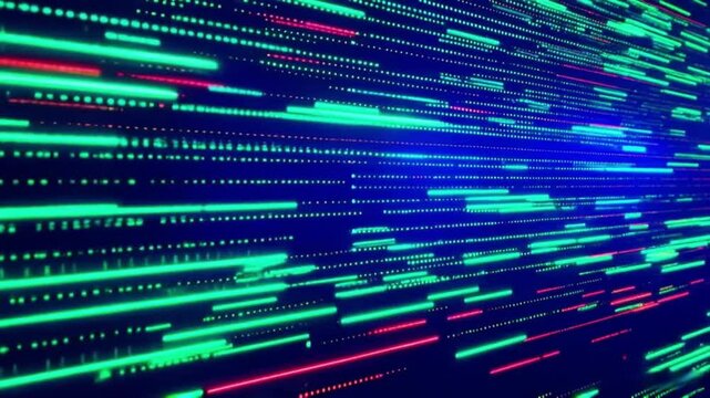 Fiber optic background with many light lines of green, white, burgundy colors on a blue background.