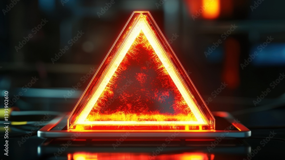 Poster a glowing orange triangular warning sign is displayed on a dark surface, highlighting an alert or ca