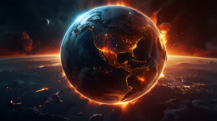 A dramatic view of Earth from space, illuminated by fiery orange 