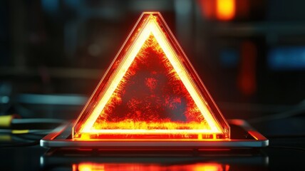 A glowing orange triangular warning sign is displayed on a dark surface, highlighting an alert or cautionary message in a modern setting.