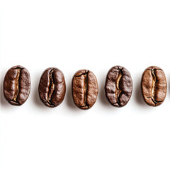 Obraz premium Closeup view of five dark roasted coffee beans arranged in a line against a bright white background. The image highlights the beans rich color and textures.