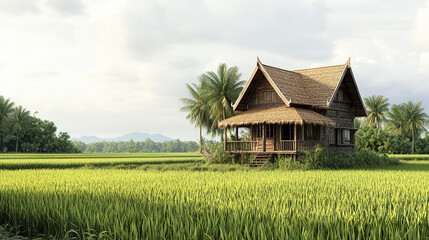Obraz premium charming wooden Thai village house with steep roof in lush rice field