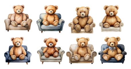 Cute Bear Illustrations Sitting on Colorful Sofas in a Cozy Setting, PNG bundle collection, Isolated on Transparent Background
