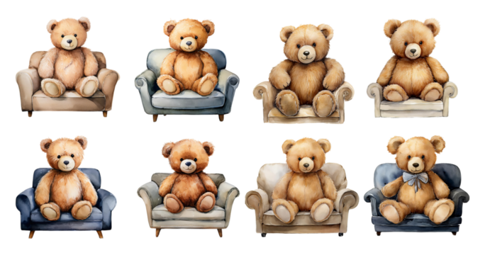 Cute Bear Illustrations Sitting on Colorful Sofas in a Cozy Setting, PNG bundle collection, Isolated on Transparent Background
