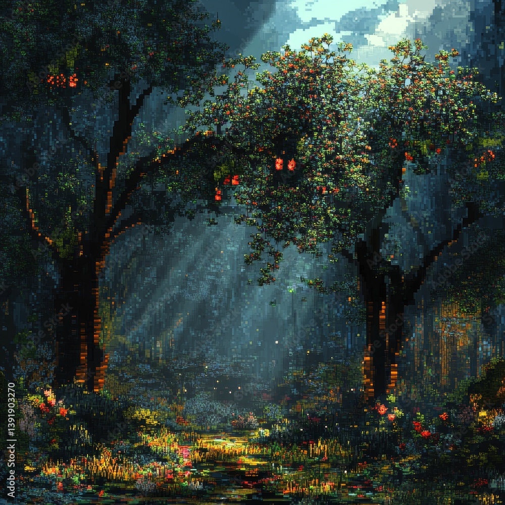 Poster forest scene with trees and light filtering through the leaves