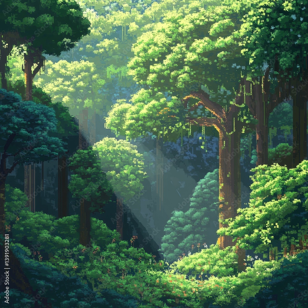 Poster lush green forest with sunlight filtering through trees creating a