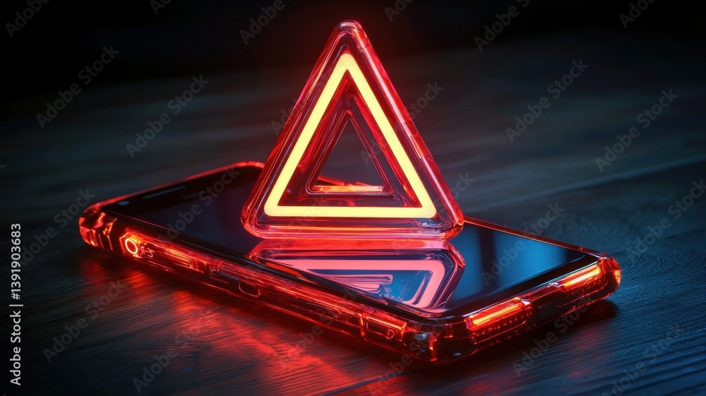 Poster a glowing triangular warning sign rests on a smartphone, creating a striking contrast against a dark