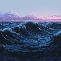 Fototapeta premium Ocean waves crash under a pastel sky with clouds near