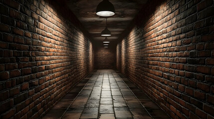 Dark brick corridor, dim lights, mystery