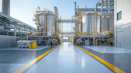 Aerial view of a large scale industrial chemical processing plant with numerous metal storage tanks pipelines and for the production and refining of energy resources such as oil gas and other fuels