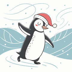Dancing Penguin with Santa Hat in Snow – Cute Christmas Winter Vector Illustration