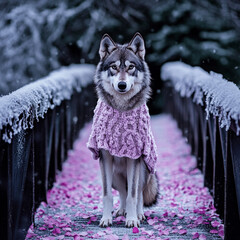 A wolfdog wearing a soft pink rose embroidered cardigan, standing on an Arctic bridge