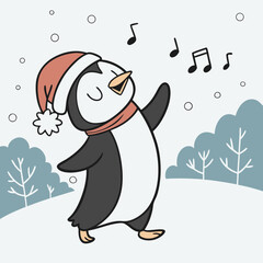 Dancing Penguin with Santa Hat in Snow – Cute Christmas Winter Vector Illustration