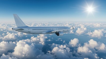 Obraz premium Airplane soars above fluffy clouds under bright sunlight in the blue sky.
