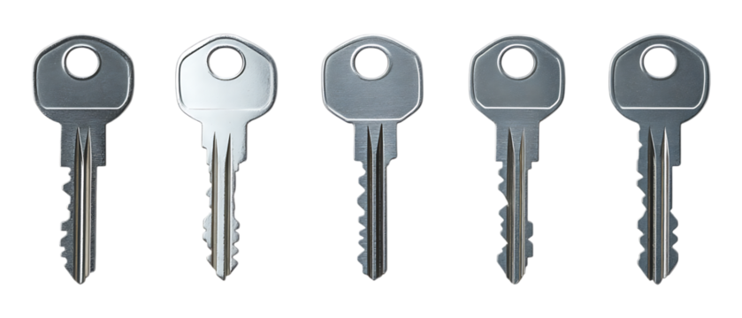 Pack of Key set of Five Different Poses set Against Transparent Background for Design, Illustration, or Iconography Projects