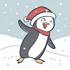 Dancing Penguin with Santa Hat in Snow – Cute Christmas Winter Vector Illustration