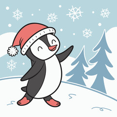 Dancing Penguin with Santa Hat in Snow – Cute Christmas Winter Vector Illustration