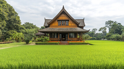 Obraz premium charming wooden Thai village house with steep roof stands amid lush greenery