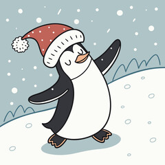 Dancing Penguin with Santa Hat in Snow – Cute Christmas Winter Vector Illustration