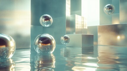 A futuristic scene with floating 3D shapes in metallic textures, including cubes and spheres